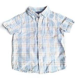 Janie & Jack 3T Pastel Plaid Linen Button Up Shirt Blue Beige
